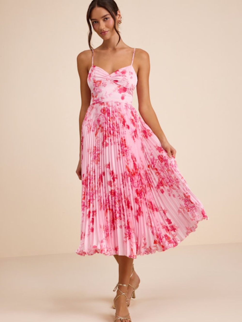 Lulu's Pink & Red Floral Pleated Midi Dress